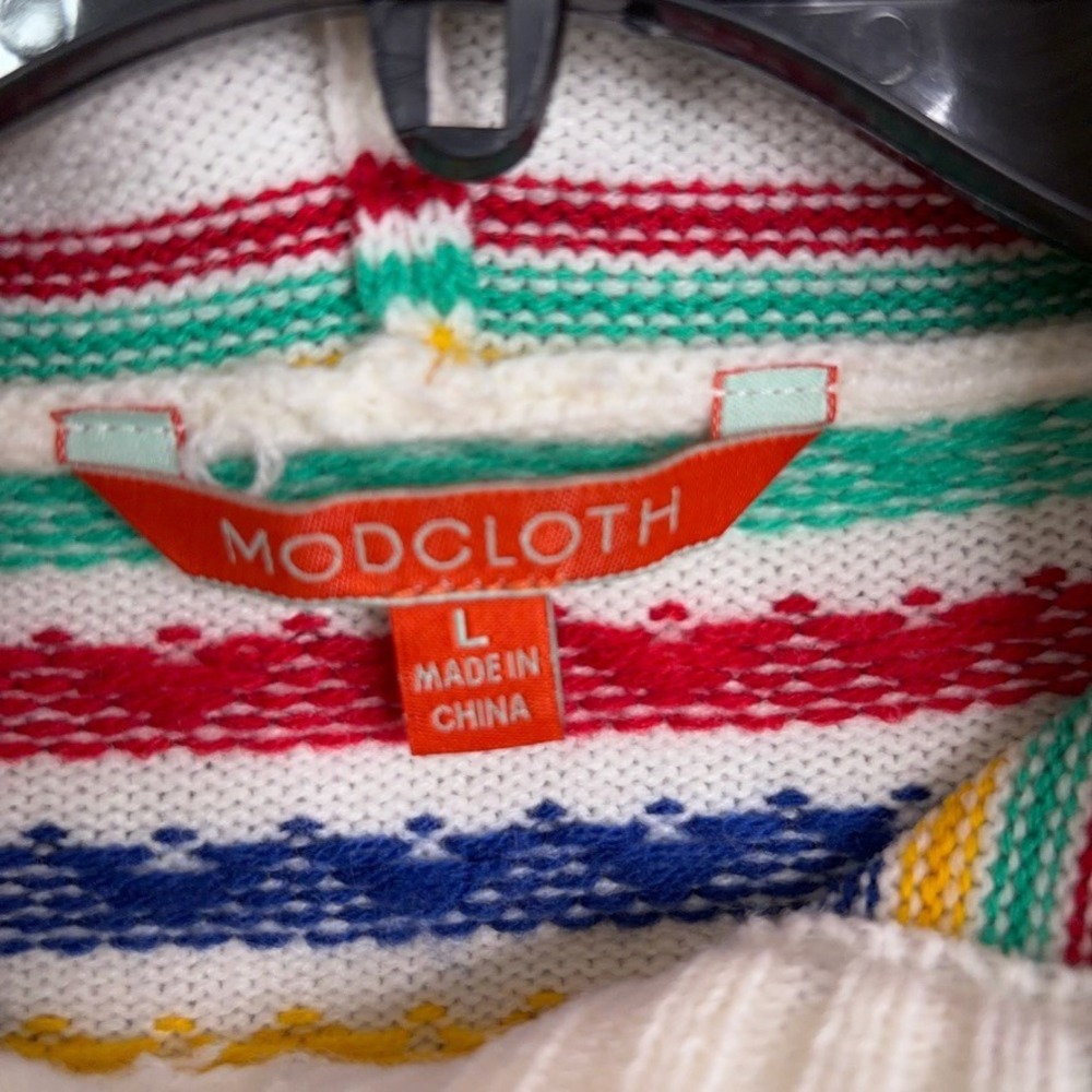 ModCloth Hoodie Sweater Womens Large White Multi Stripe Fair Isle Retro Boho - Picture 2 of 7
